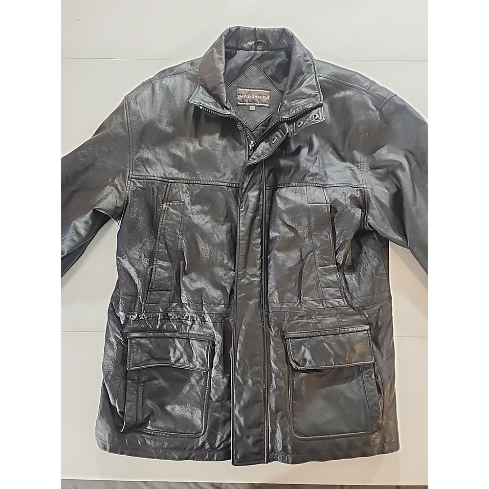 Men's David Taylor Genuine Leather Jacket Size Large L Black Full Zip Coat